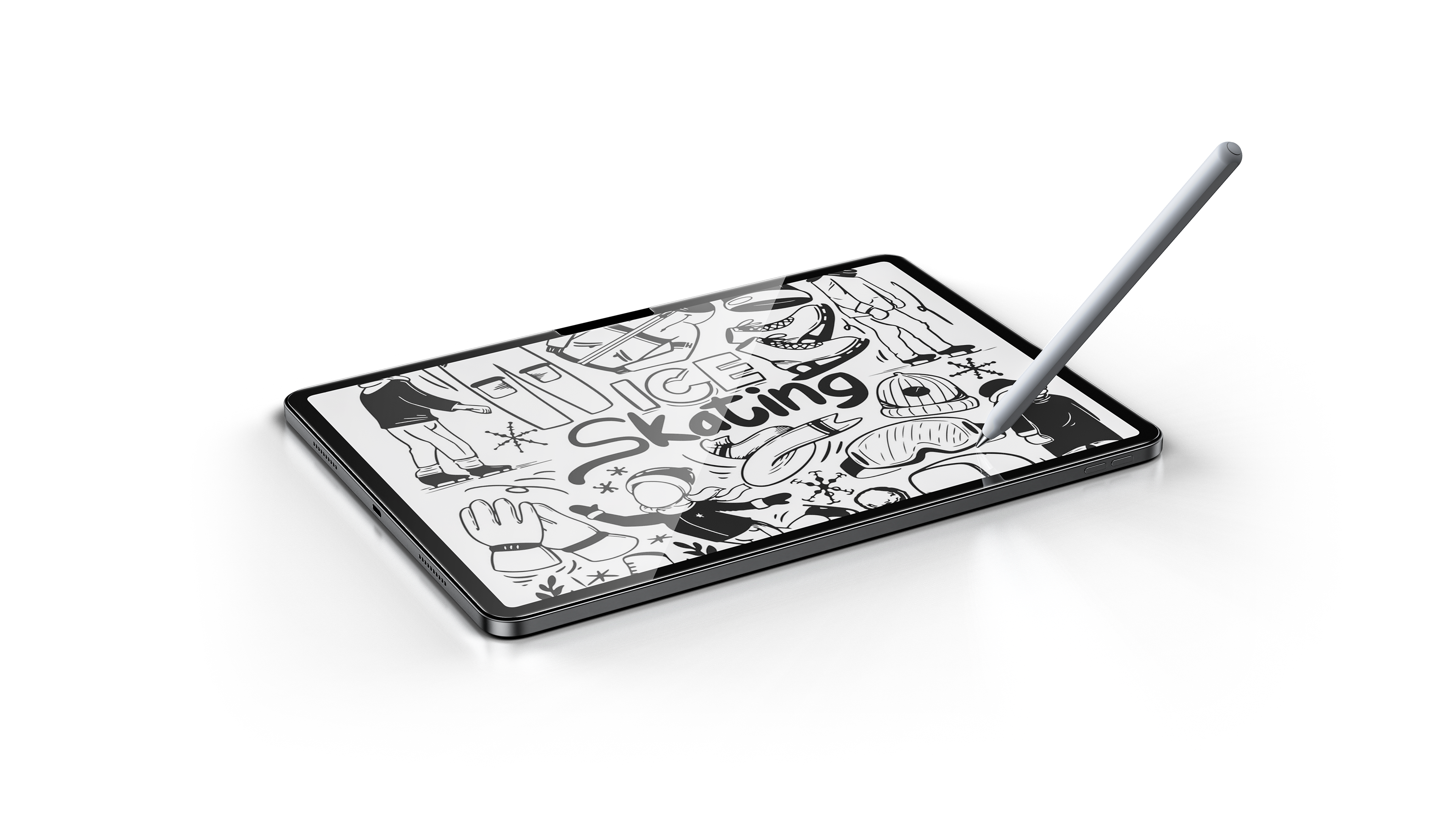 An iPad displaying a detailed black and white comic-style drawing of ice skating, covered with a clear iPad screen protector, with a stylus pen actively used on its surface.