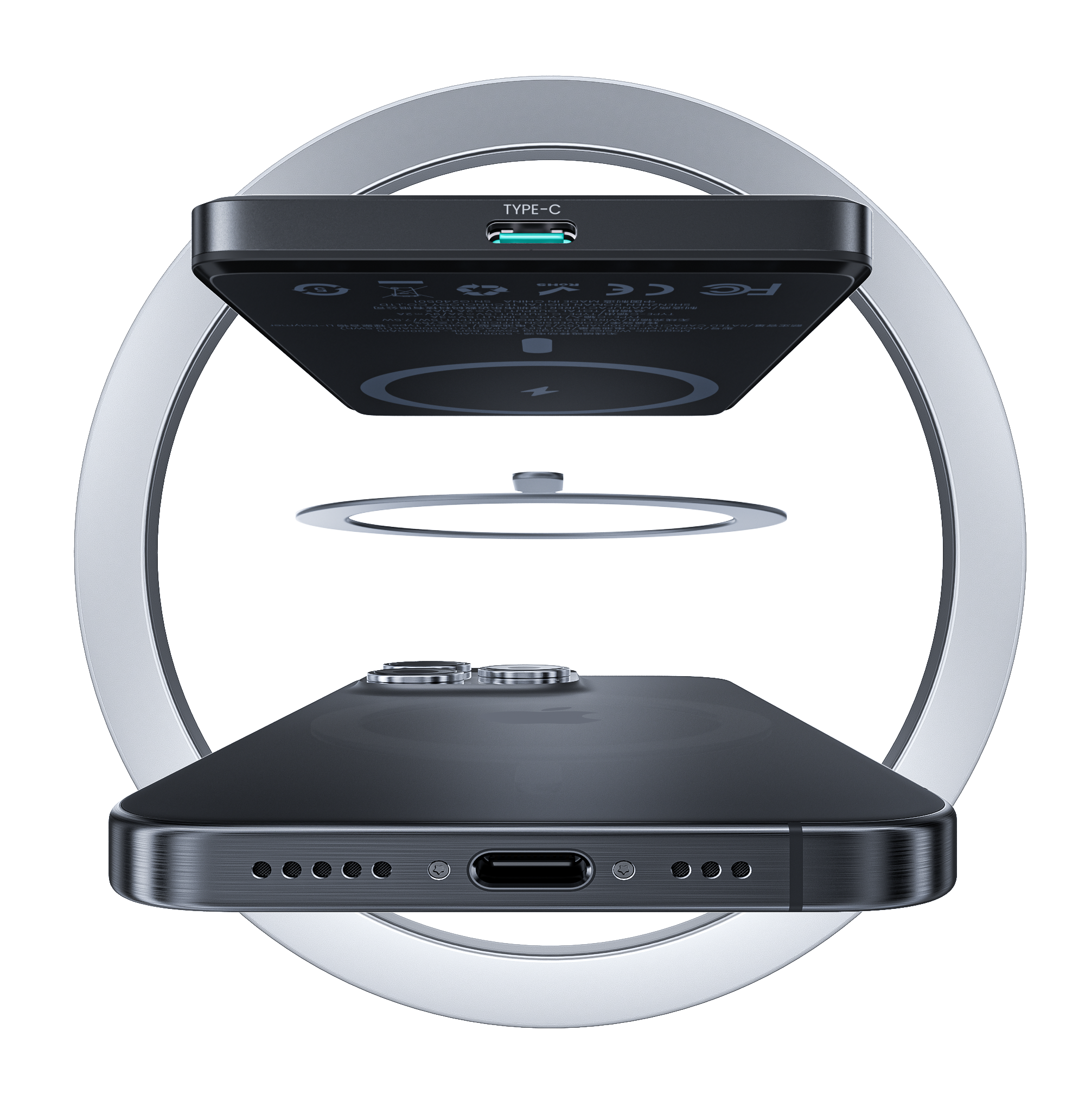 A power bank and a black smartphone aligned with a circular magnetic wireless charger.