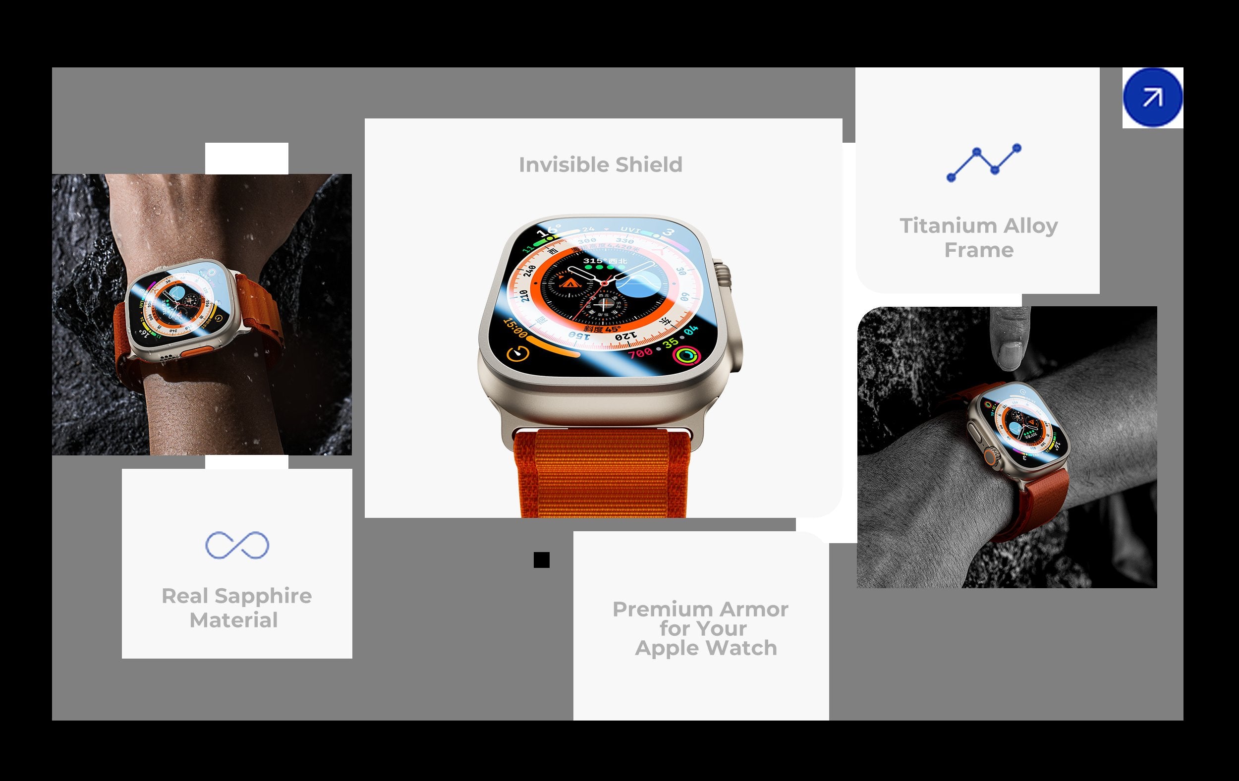 Apple Watch Ultra featuring a premium Benks Sapphire screen protector - This image highlights the durability and clarity of the Apple Watch screen protector, providing premium armor for Apple Watch Ultra band.
