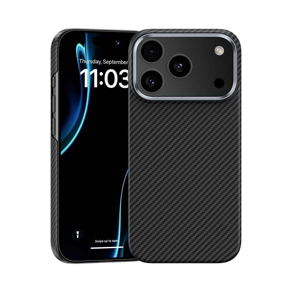 Benks iPhone 17 Pro Max Case made with 600D Kevlar® Fiber, offering a slim, lightweight design with a carbon fiber texture for premium protection and style.