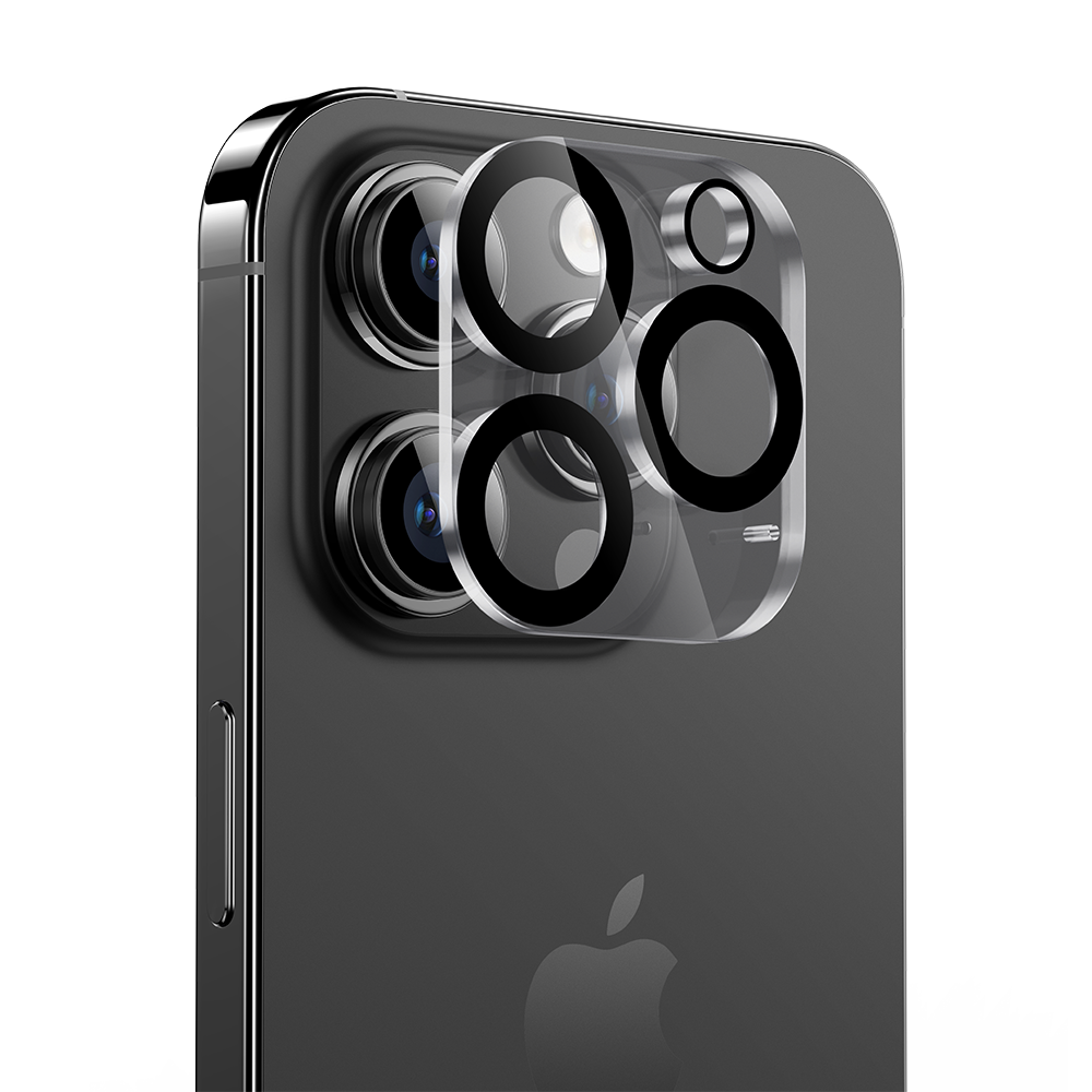 Illustration of iPhone 15 Pro's camera with Air Shield protection highlighting scratch resistance.