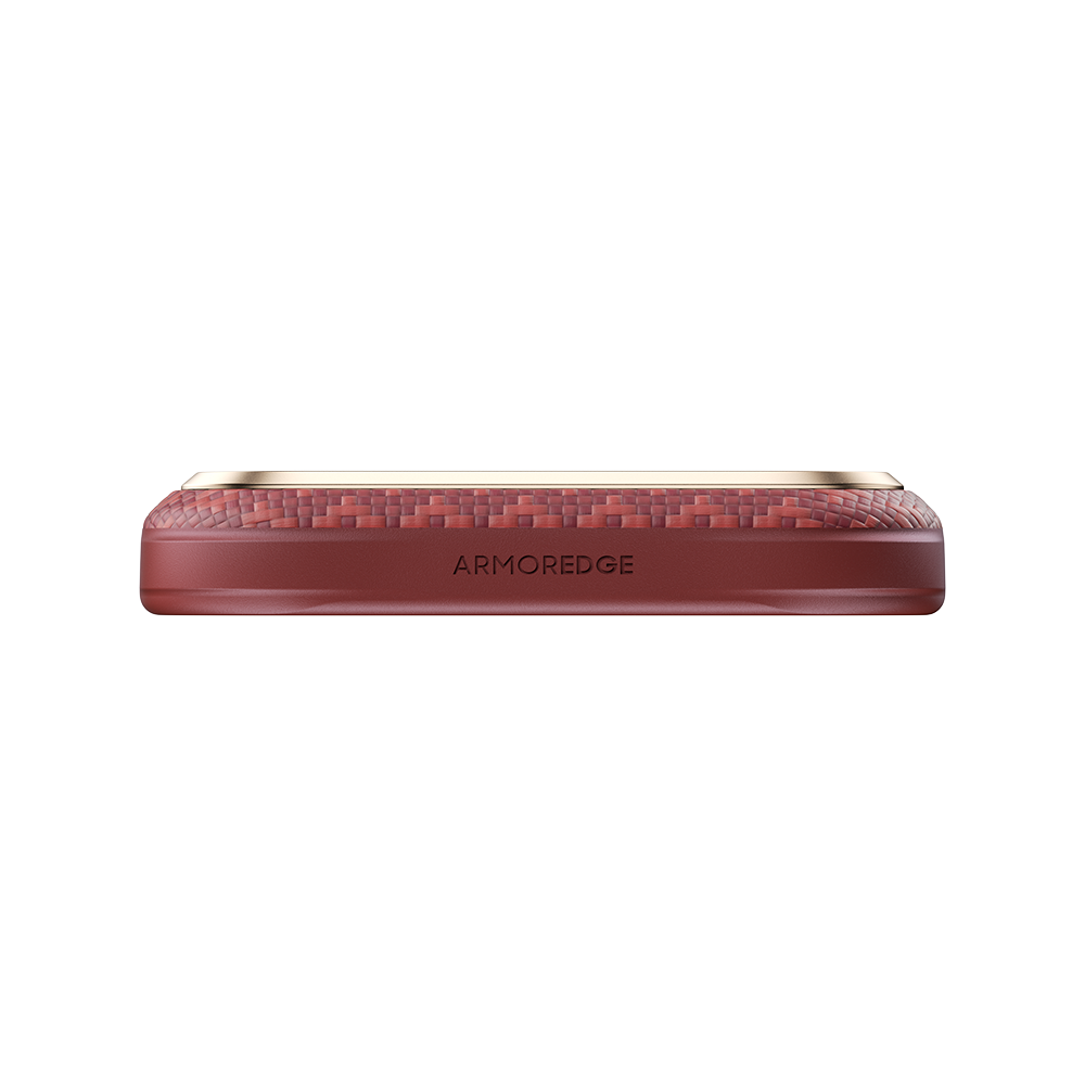 Bottom edge ArmorEdge Savvy Red Kevlar case iPhone 17 Pro ARMOREDGE branding