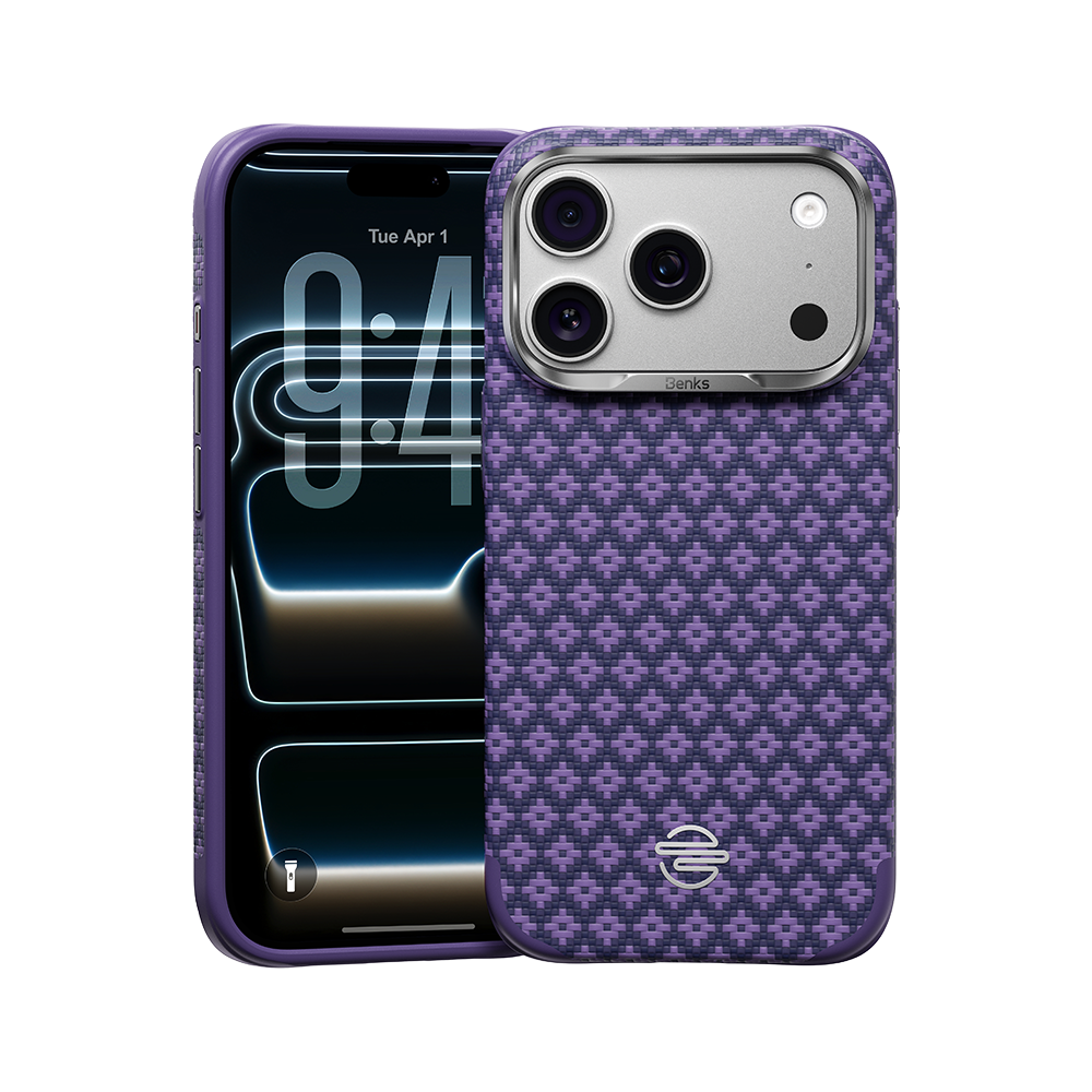 Benks ArmorEdge Peri Purple Kevlar case for iPhone 17 Pro geometric weave front view