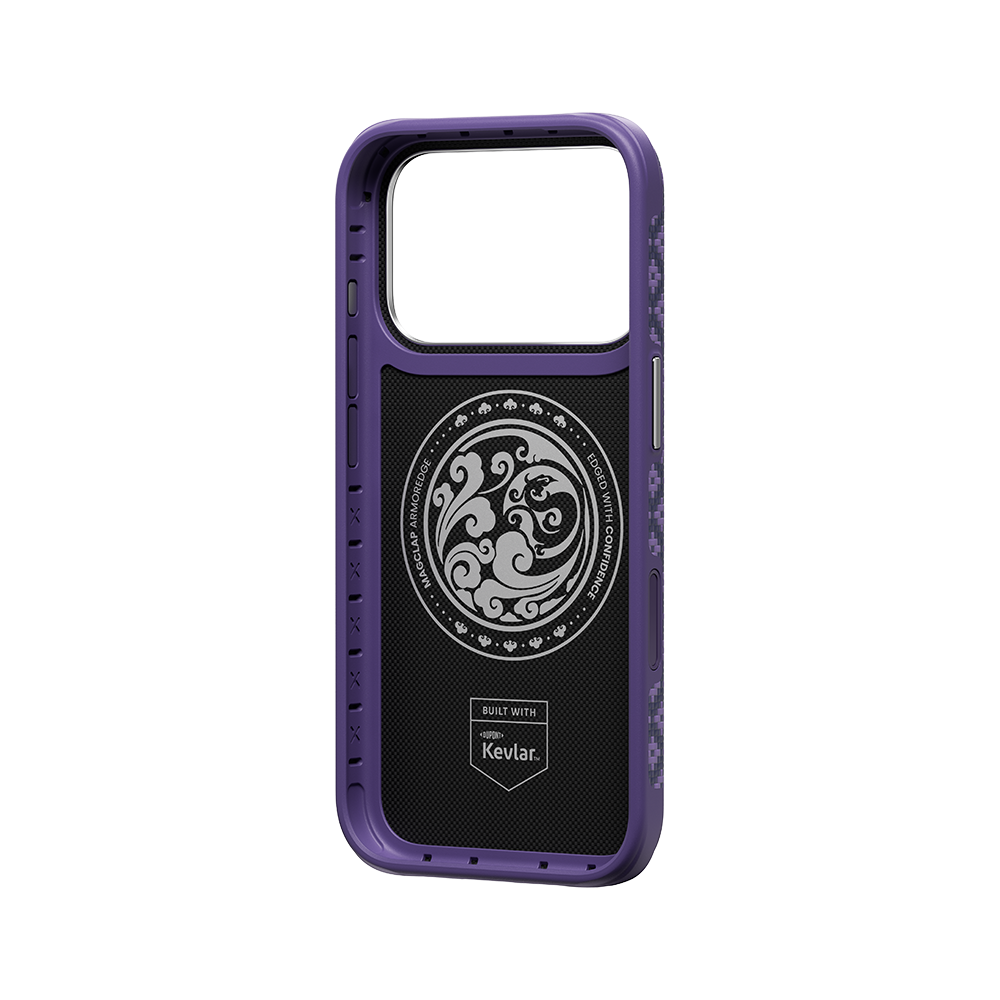 ArmorEdge Peri Purple MagSafe wave medallion with Built with Kevlar badge