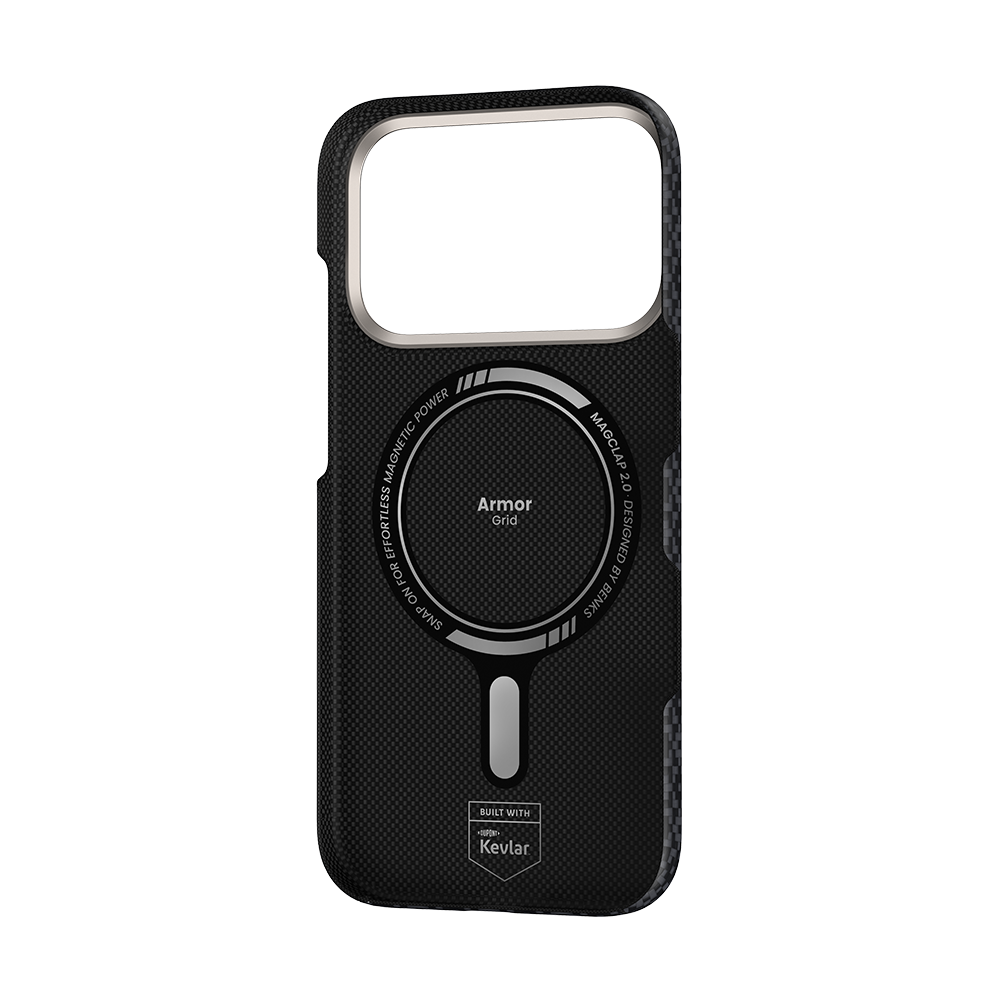 Side view of ArmorGrid ArmorAir Case for iPhone 17 Pro Max with durable Kevlar® fiber and precision-crafted frame.