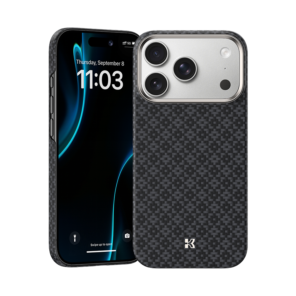 Front view of Kevlar® iPhone 17 Pro Max case with sleek design, featuring lightweight durability and precise cutouts.