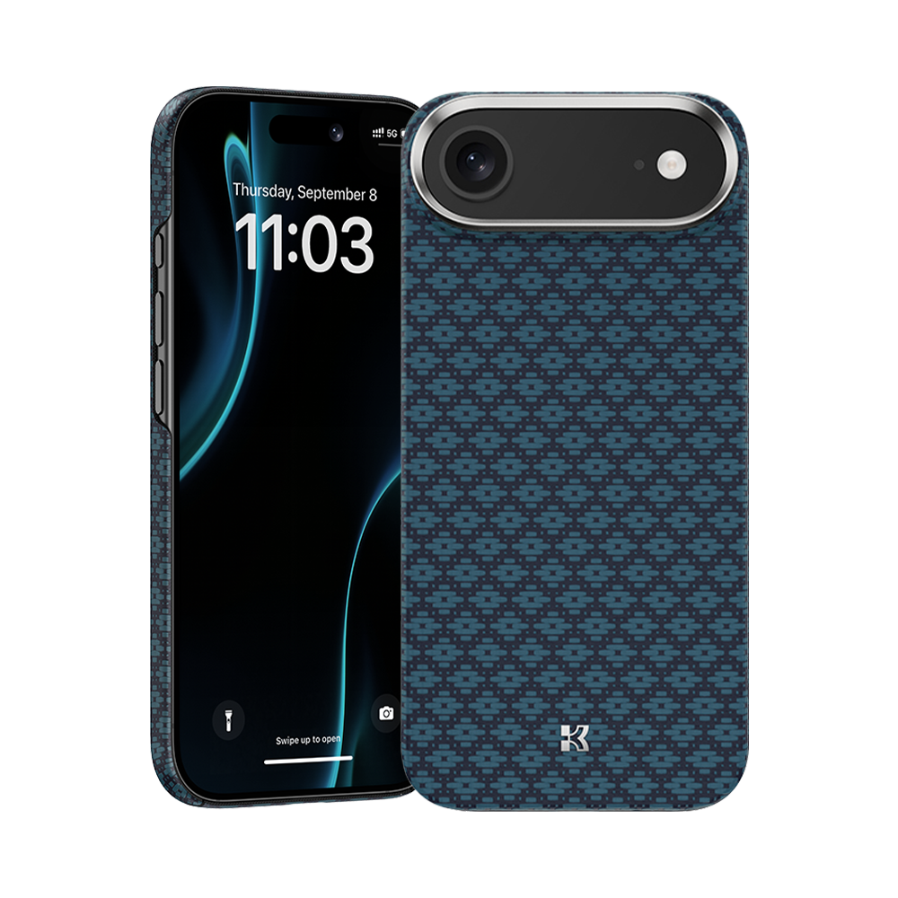 iPhone Air ArmorGrid ArmorAir Kevlar® case in front view, featuring volcanic lens frame guard and premium protective design