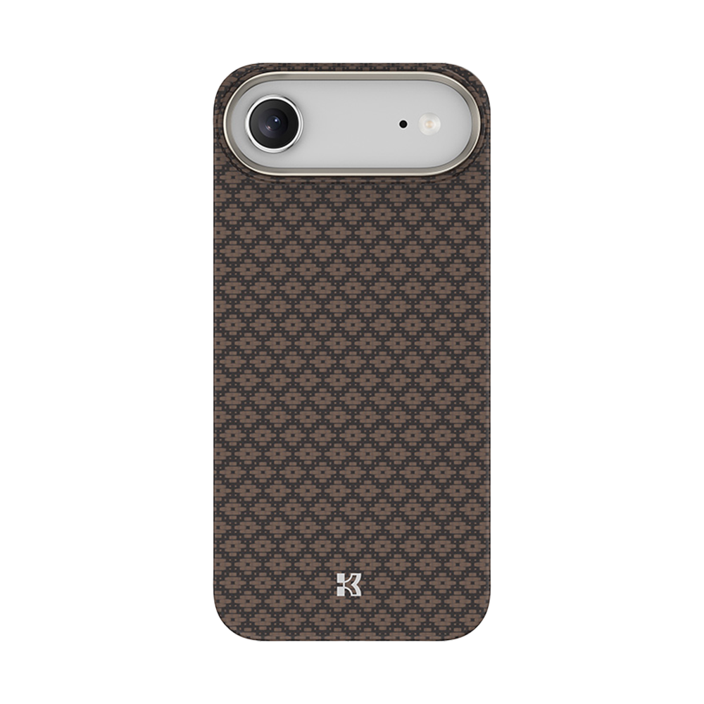 Close-up front view of iPhone Air ArmorGrid ArmorAir Kevlar® case with aluminum camera frame and textured Jiaoluo weaving pattern