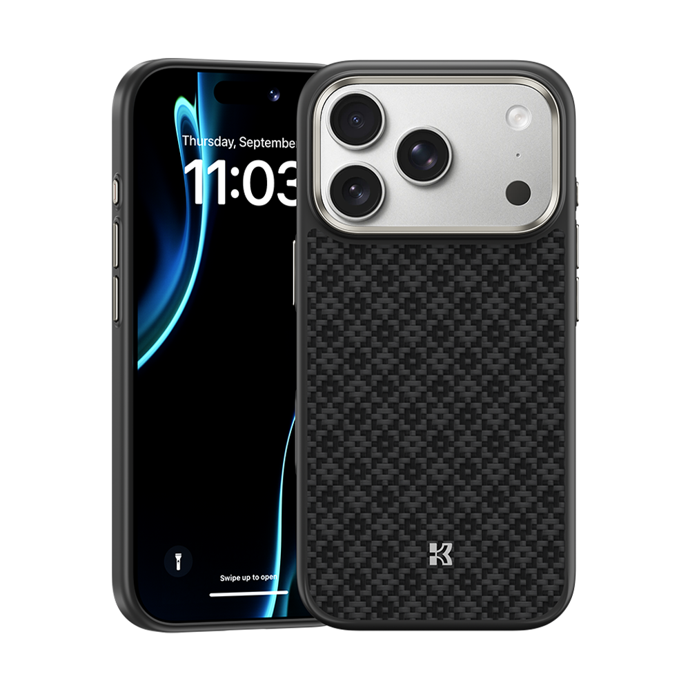 Benks iPhone 17 Pro Max Kevlar® Case, showing the front design with ergonomic features and impact-resistant properties.