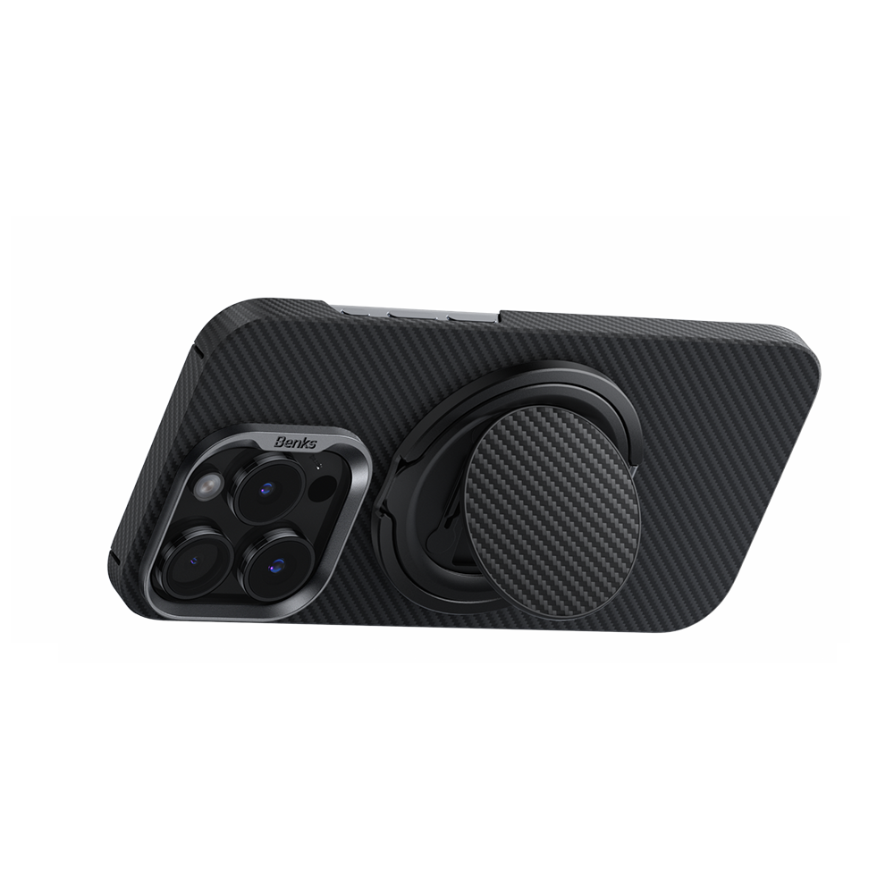 iPhone 16 Pro Max MagSafe phone grip used as a desk stand