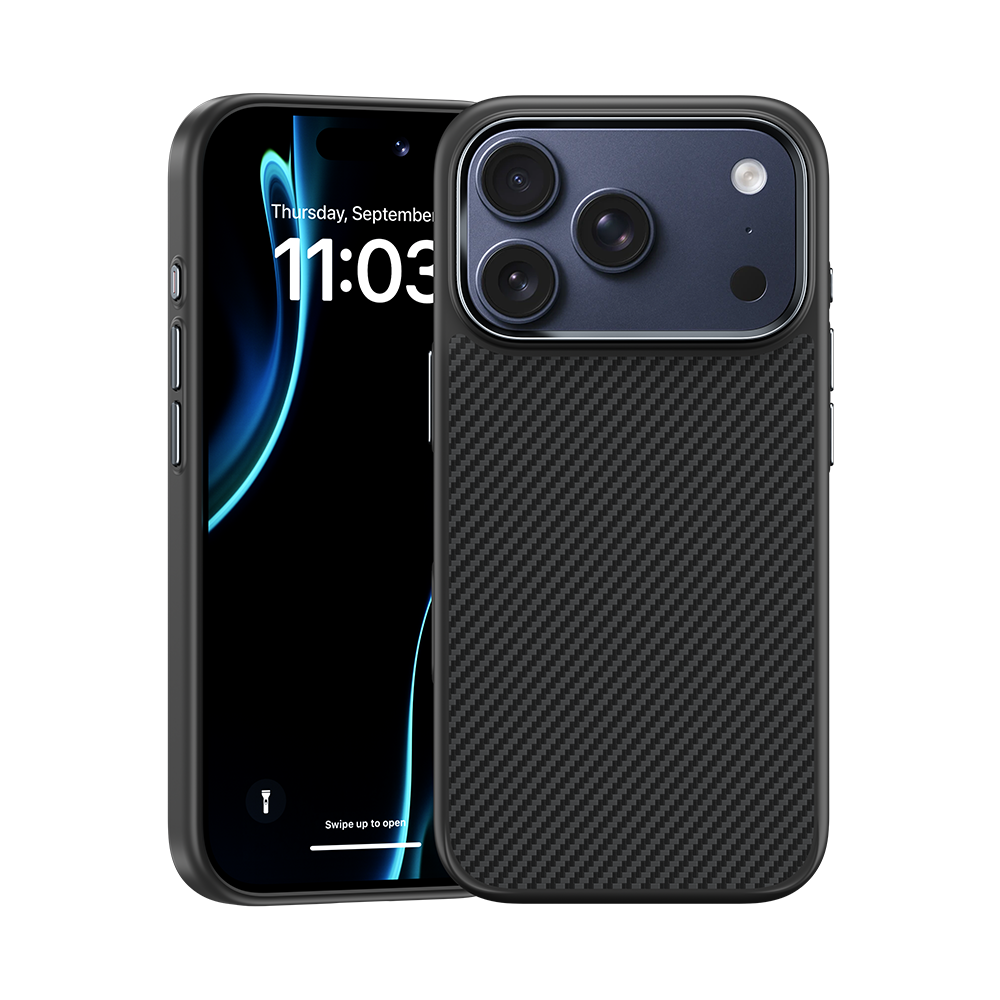 Front view of Kevlar® iPhone 17 Pro Max case with sleek design, featuring lightweight durability and precise cutouts.