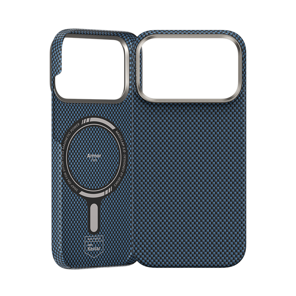 Back view of blue ArmorTint Kevlar® Fiber Case for iPhone 17 Pro Max with integrated MagSafe ring and slim profile.