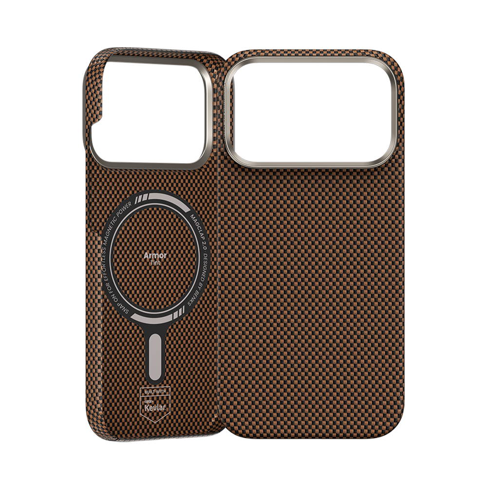 Back view of Gold ArmorTint Kevlar® Fiber Case for iPhone 17 Pro Max, MagSafe compatible with raised lens frame.