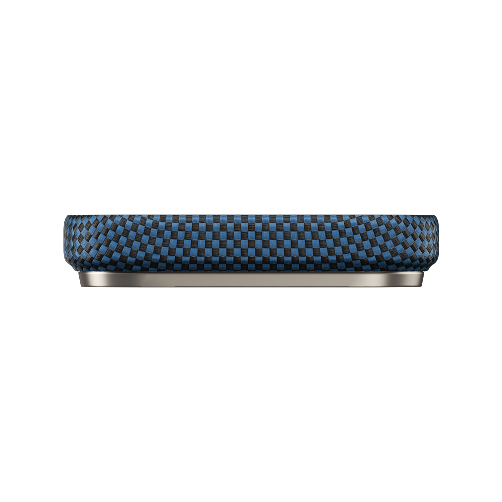 Bottom view of blue ArmorTint Kevlar® Fiber Case for iPhone 17 Pro Max, showing precise cutouts for charging port and speakers.