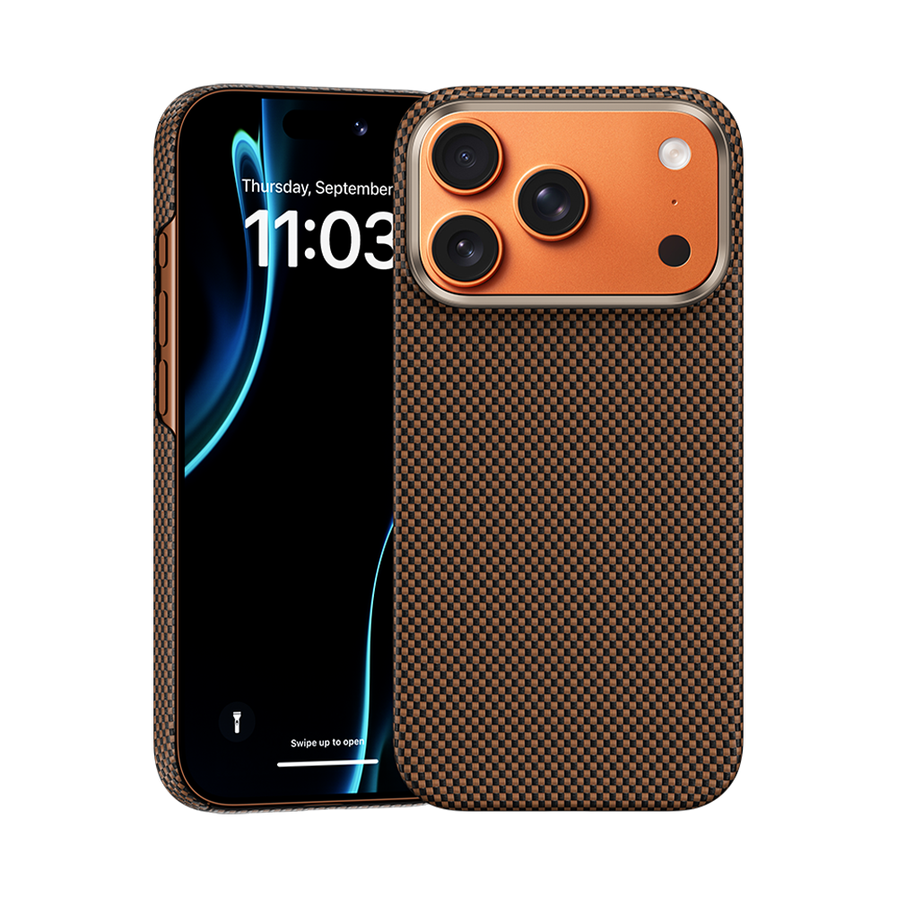 Front view of Kevlar® iPhone 17 Pro Max case with sleek design, featuring lightweight durability and precise cutouts.