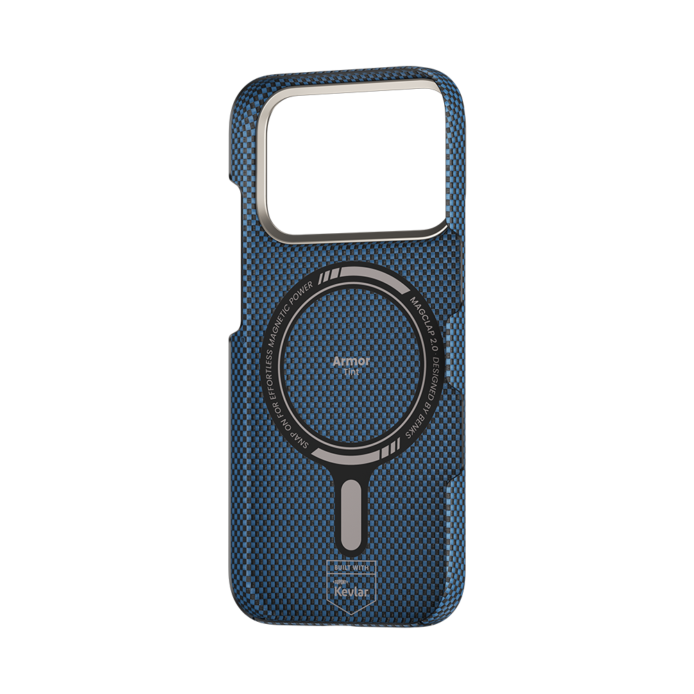 ArmorTint iPhone 17 Pro Max Kevlar® Fiber Case in blue, showing MagSafe ring and precise cutouts.