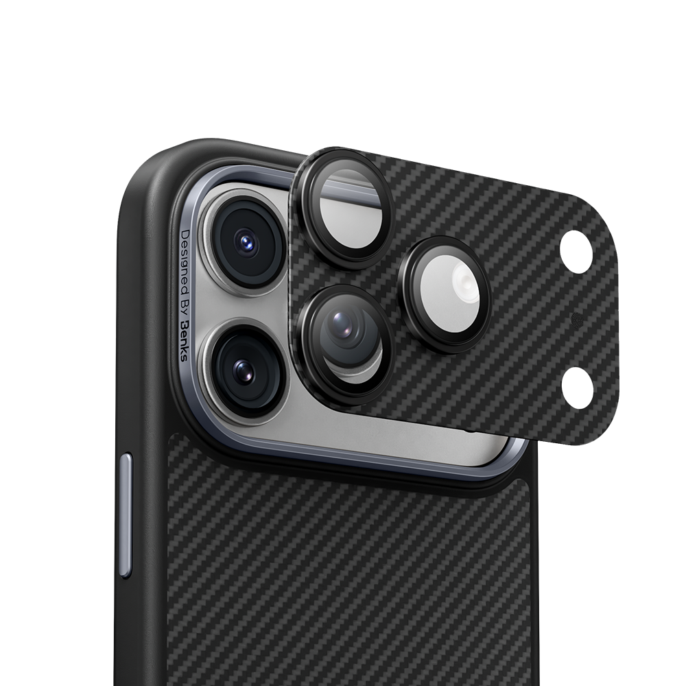 ArmorWarrior aramid fiber lens protector installed on iPhone 17 Pro Max camera module