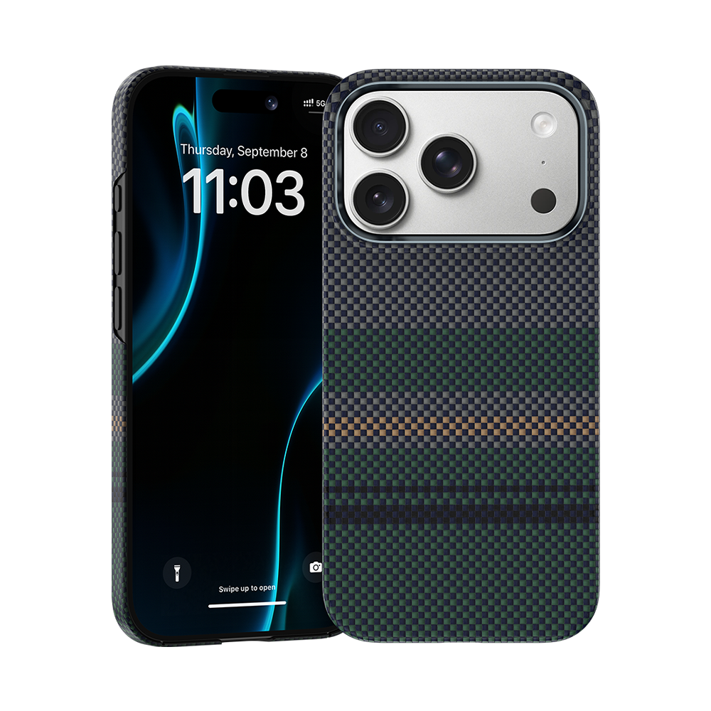 Front view of Kevlar® iPhone 17 Pro Max case with sleek design, featuring lightweight durability and precise cutouts.