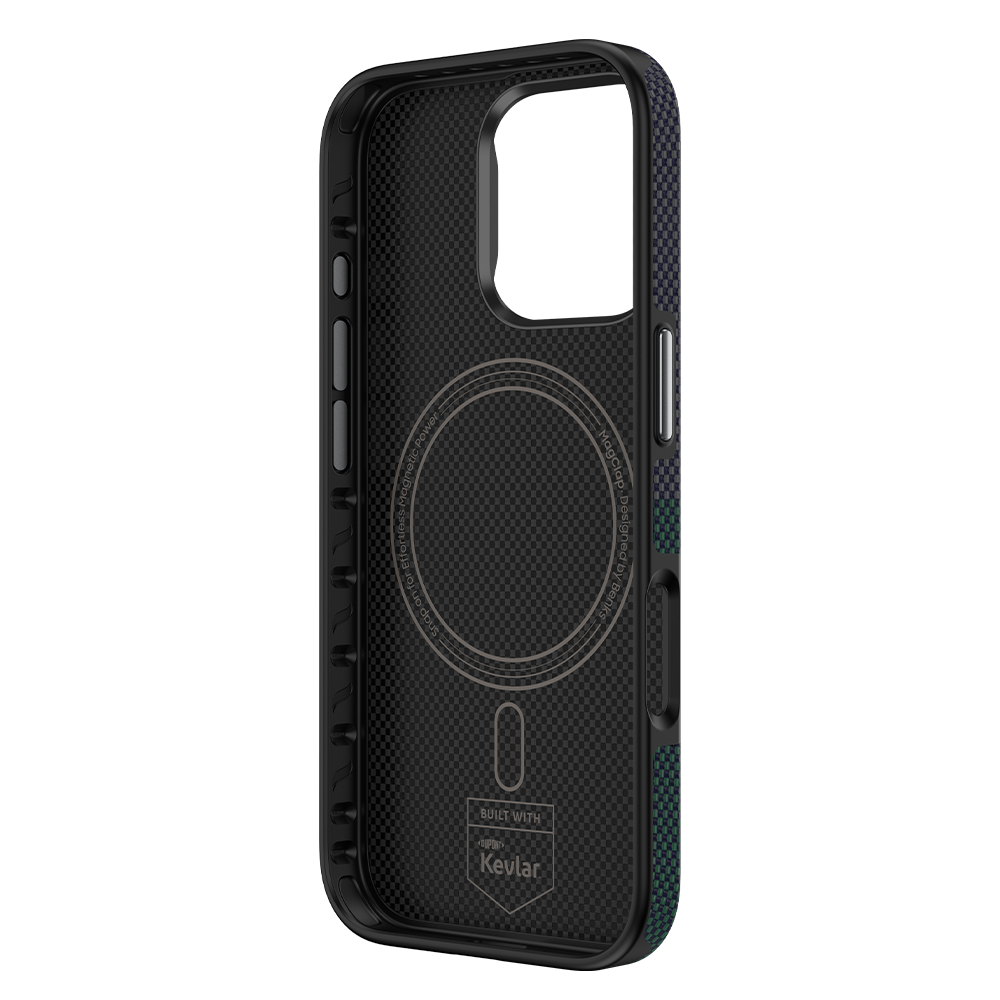 iPhone 16 securely fitted in the Aurora ArmorPro Case with MagSafe compatibility and robust Kevlar® protection