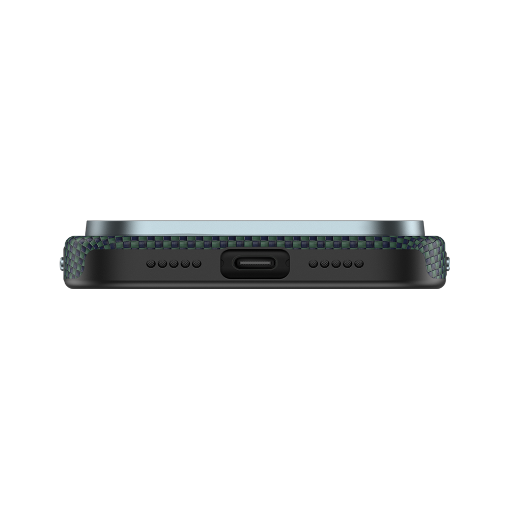 Benks Aurora ArmorPro Case bottom view, featuring precise cutouts for the charging port and buttons, made with strong Kevlar® Fiber for reliable protection.