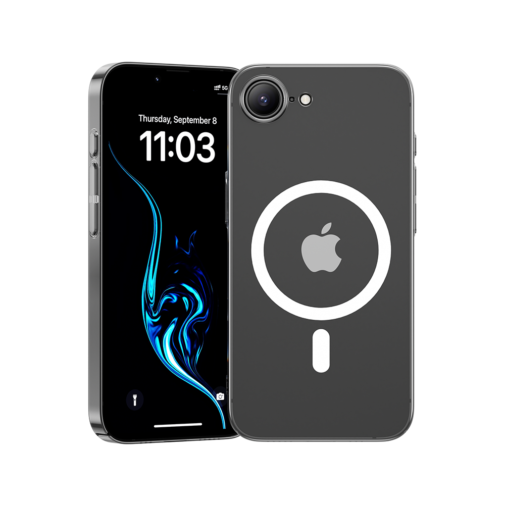 Transparent iPhone 16e case showcasing original phone color