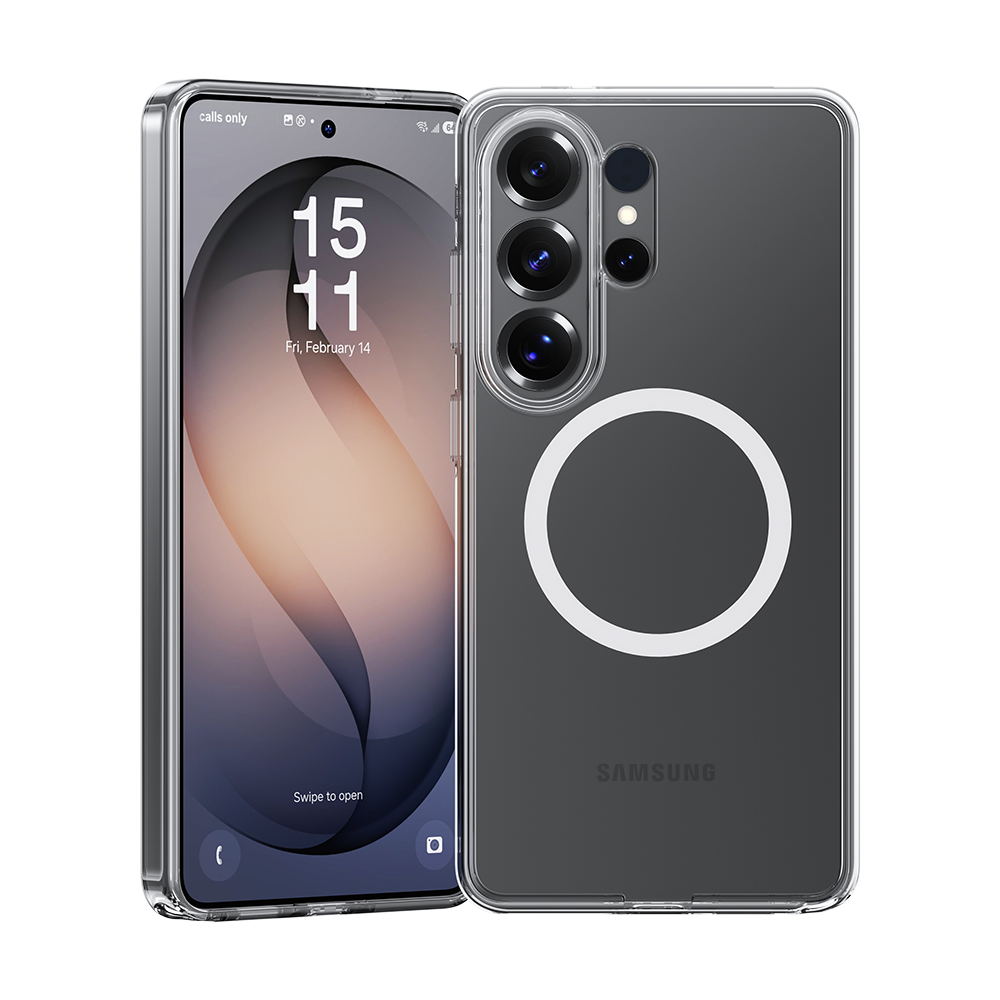 Clear phone case installed on Samsung Galaxy S26 Ultra showing transparent design and camera cutout