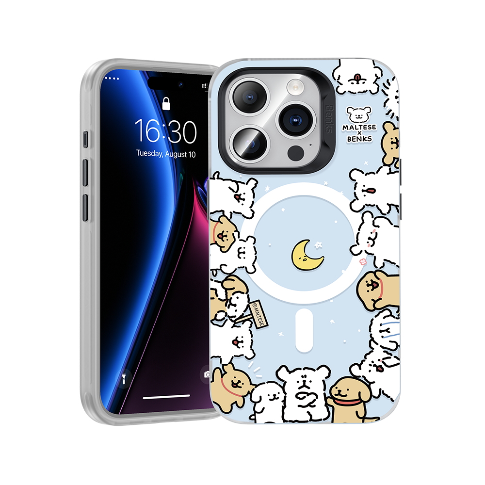 Benks' Daydreaming Puppies case for iPhone 15 Pro, showcasing a charming design, equipped with MagSafe compatibility, supports wireless charging, and features a sleek build with a tactile clicky metal button.