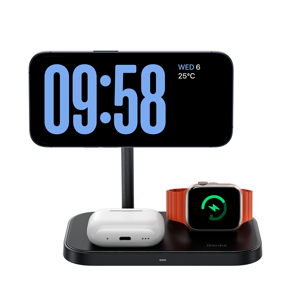 Benks Infinity 3-in-1 Wireless Charger Stand on a wooden desk charging an iPhone, Apple Watch, and AirPods, showcasing a clean and organized workspace.