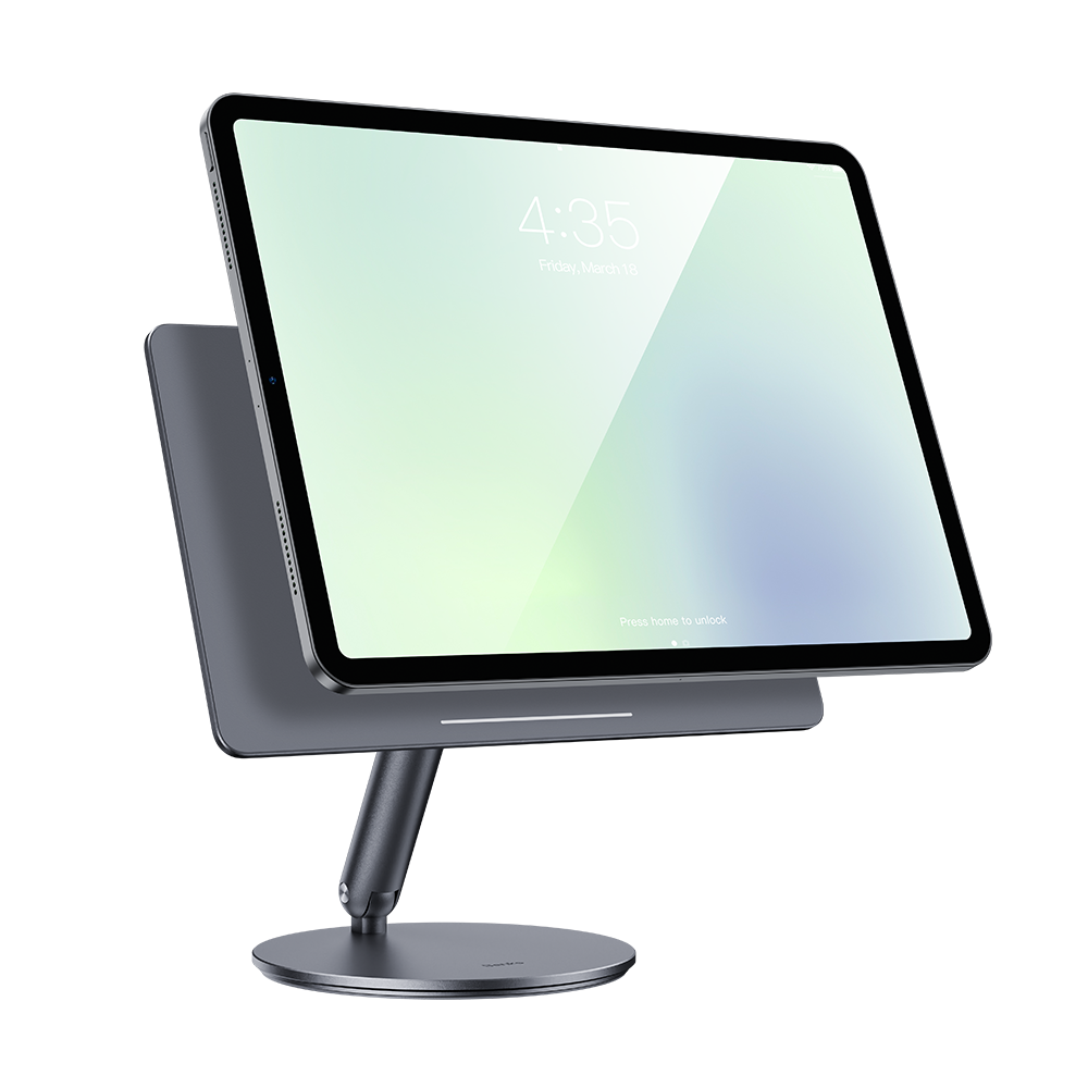 Infinity Pro Magnetic iPad Stand by Benks: A sleek aluminum stand with a strong magnetic mount for quick iPad attachment, featuring 360-degree rotation for easy screen sharing.