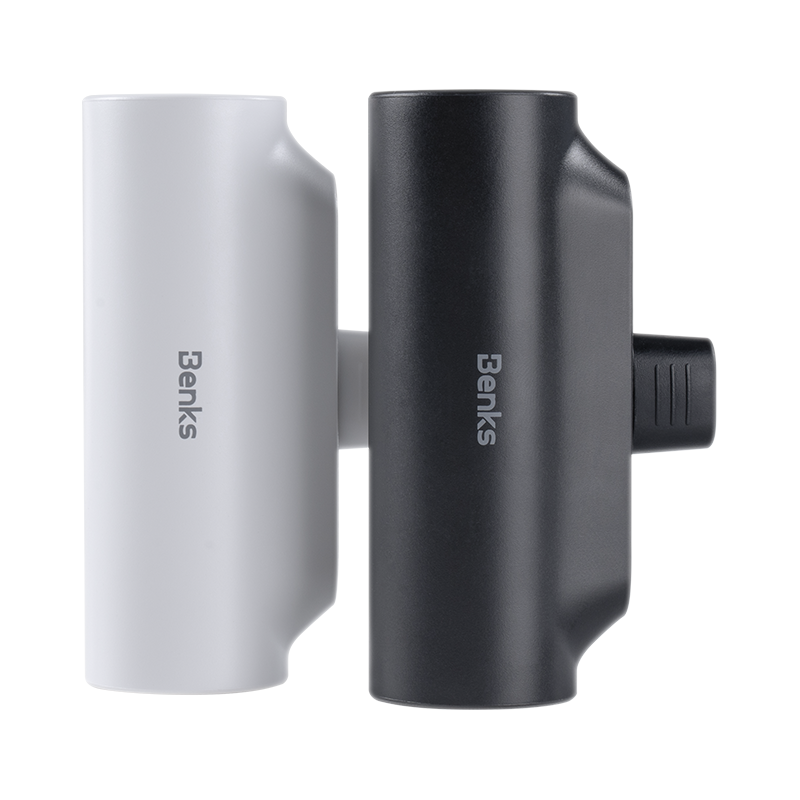 Easy-to-carry Mini Power Bank, 5000mAh capacity, featuring an integrated stand and Lightning connector for Apple devices.