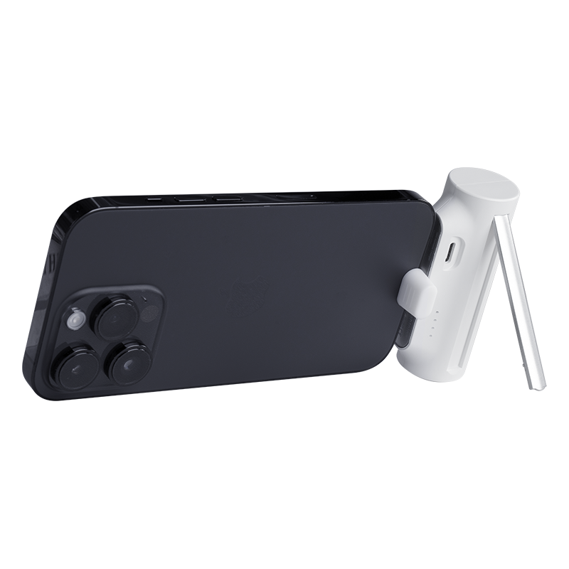 Travel-friendly Mini Charger with 5000mAh capacity, integrated Lightning connector, and stand, simplifying Apple device charging.