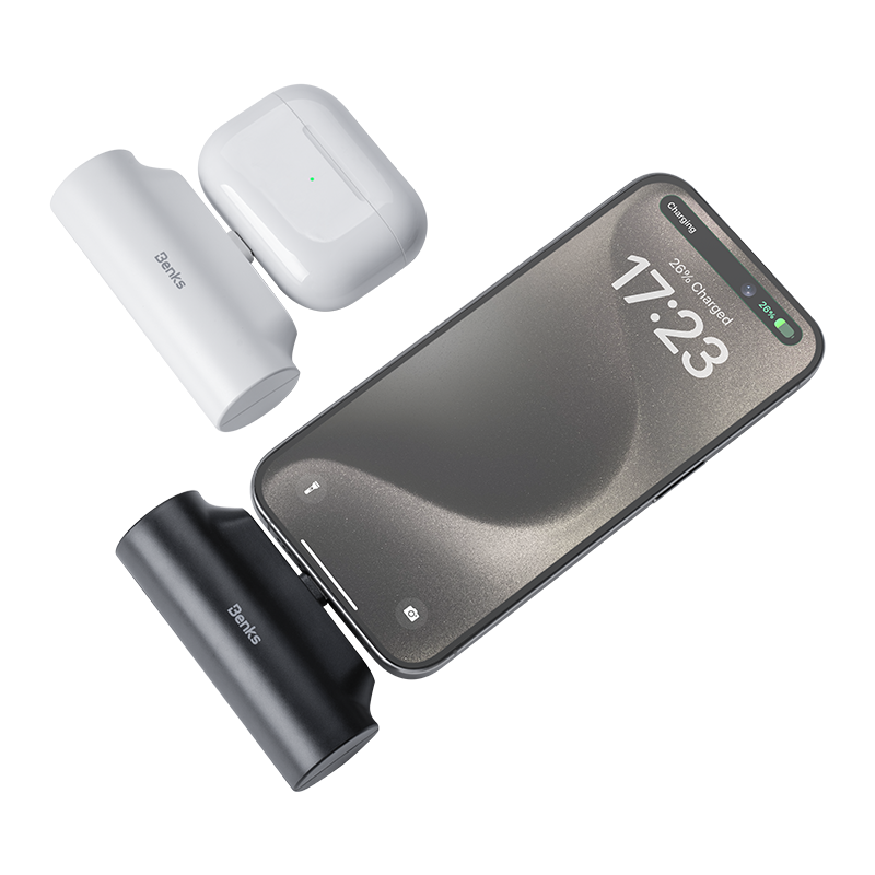 Easy-to-carry Mini Power Bank, 5000mAh capacity, featuring an integrated stand and Lightning connector for Apple devices.