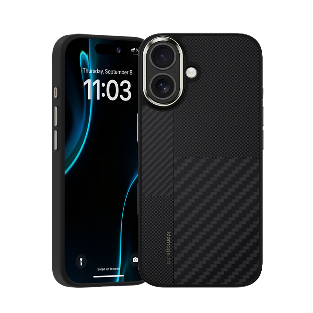 Front view of Montage ArmorPro case for iPhone 17, showcasing the Kevlar® fiber design, MagSafe compatibility, and independent metal buttons.