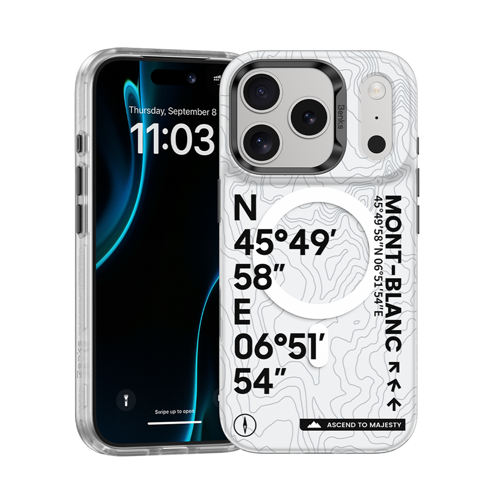 Benks Mt. Blanc Phone Case for iPhone 17 Pro Max with transparent design, bold coordinates print, and MagSafe compatibility."