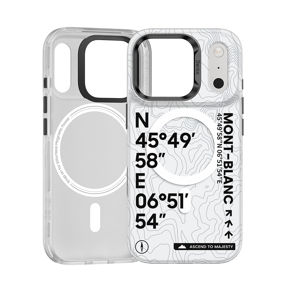 Back view of Mt. Blanc iPhone 17 Pro Max Case, showcasing coordinate pattern and raised PC camera ring.