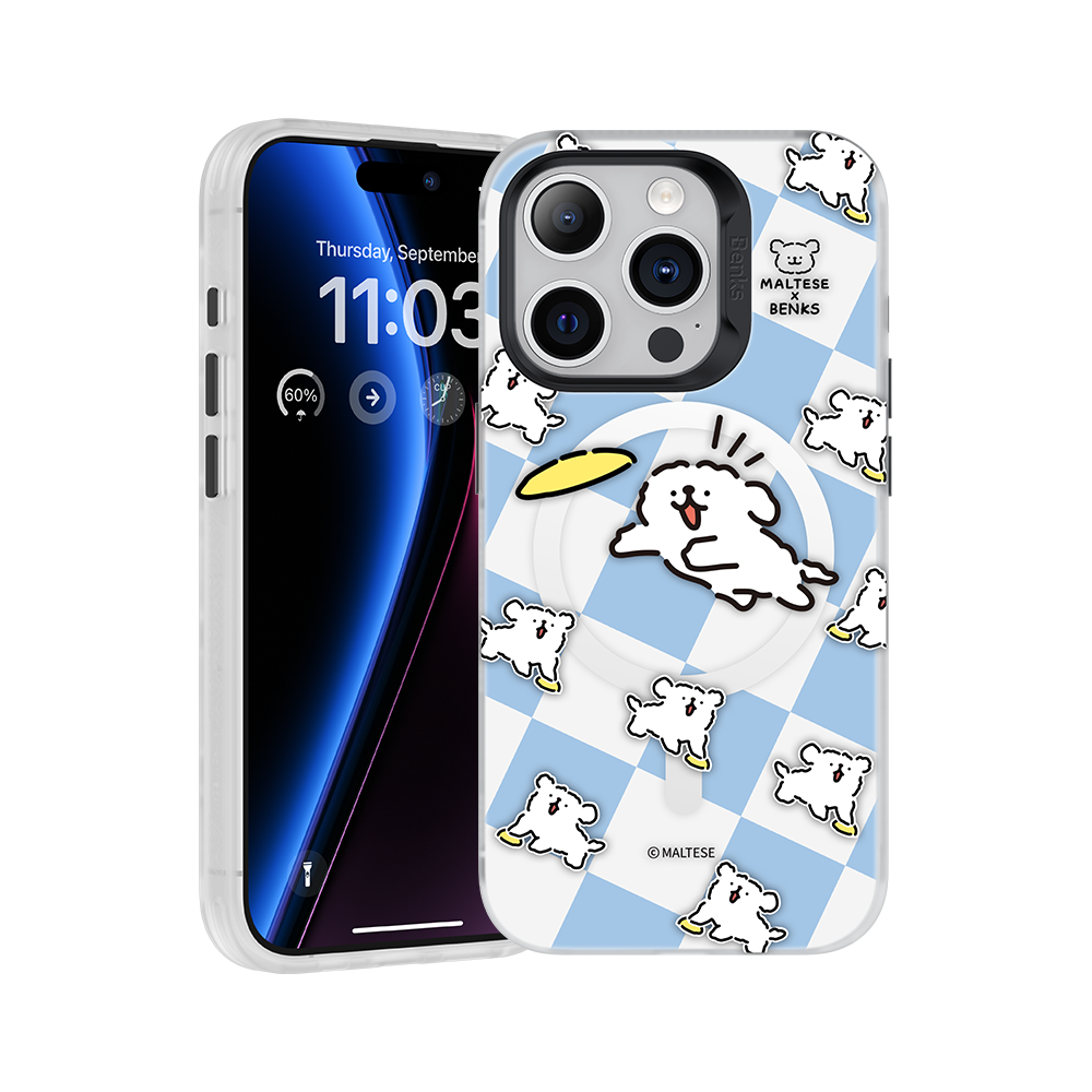 Benks Maltese Frisbee Puppies cute phone case for iPhone 15, showcasing a stylish puppy design, with MagSafe compatibility, supports wireless charging, and features a sleek design with responsive clicky metal buttons.