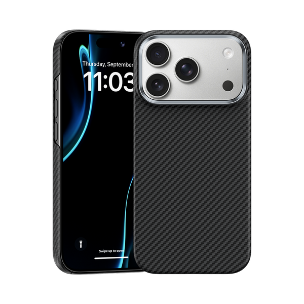 Front view of Kevlar® iPhone 17 Pro Max case with sleek design, featuring lightweight durability and precise cutouts.
