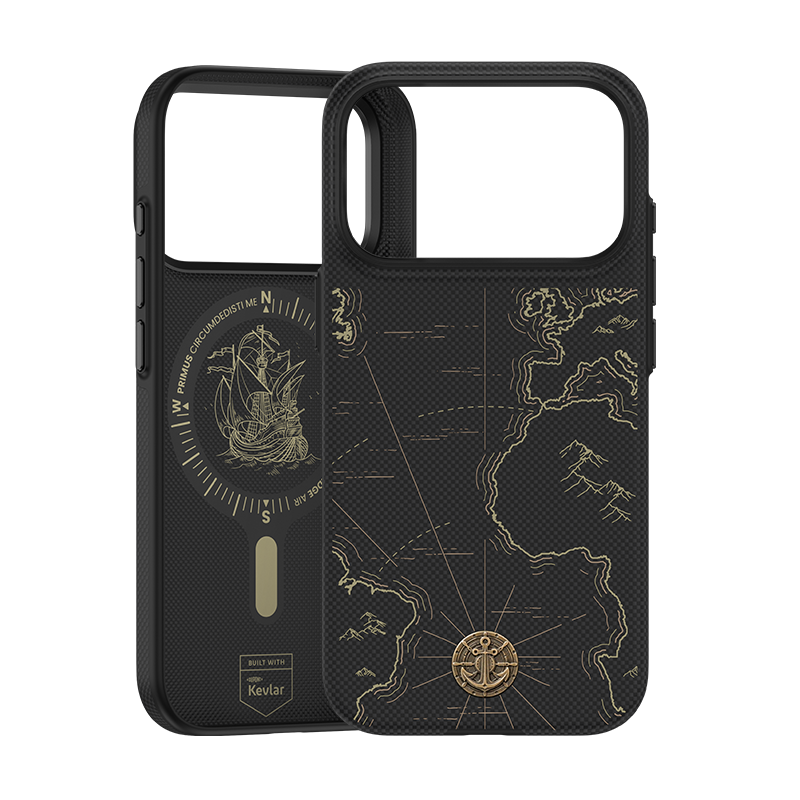 ArmorEdge iPhone 17 Pro Max back view showing world map compass design
