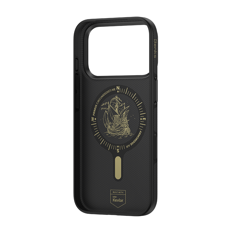 ArmorEdge iPhone 17 Pro Max compass MagSafe medallion and Built with Kevlar badge