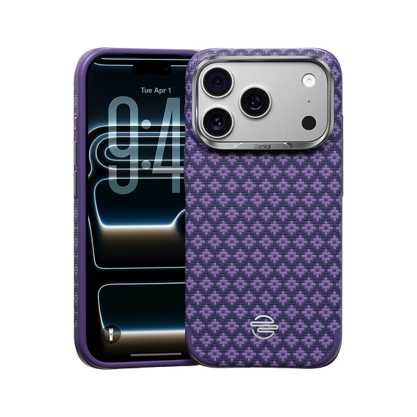 Benks ArmorEdge Peri Purple Kevlar case for iPhone 17 Pro geometric weave front view
