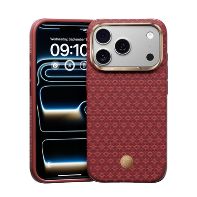 Benks ArmorEdge Savvy Red Kevlar case for iPhone 17 Pro diamond weave front view