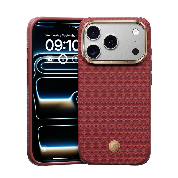 Benks ArmorEdge Savvy Red Kevlar case for iPhone 17 Pro diamond weave front view