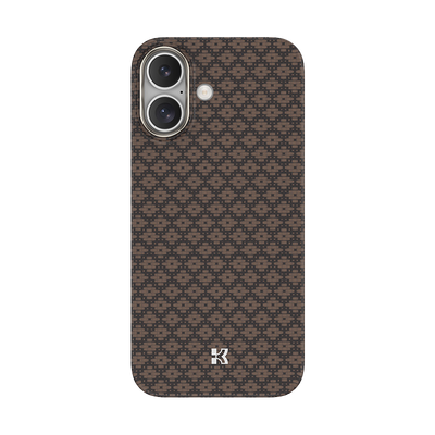 Phone case with a brown geometric pattern on a white background