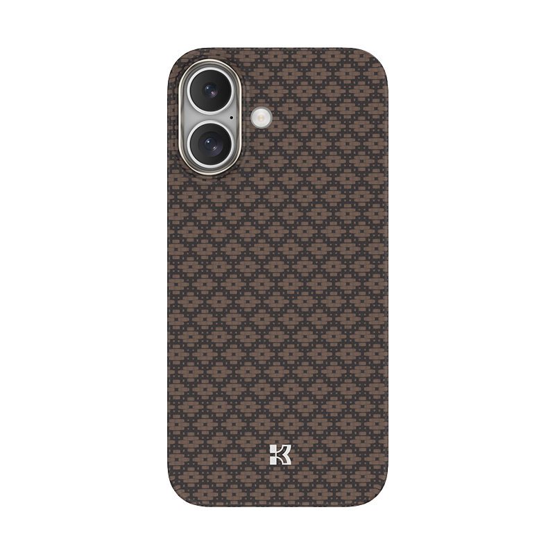 Phone case with a brown geometric pattern on a white background