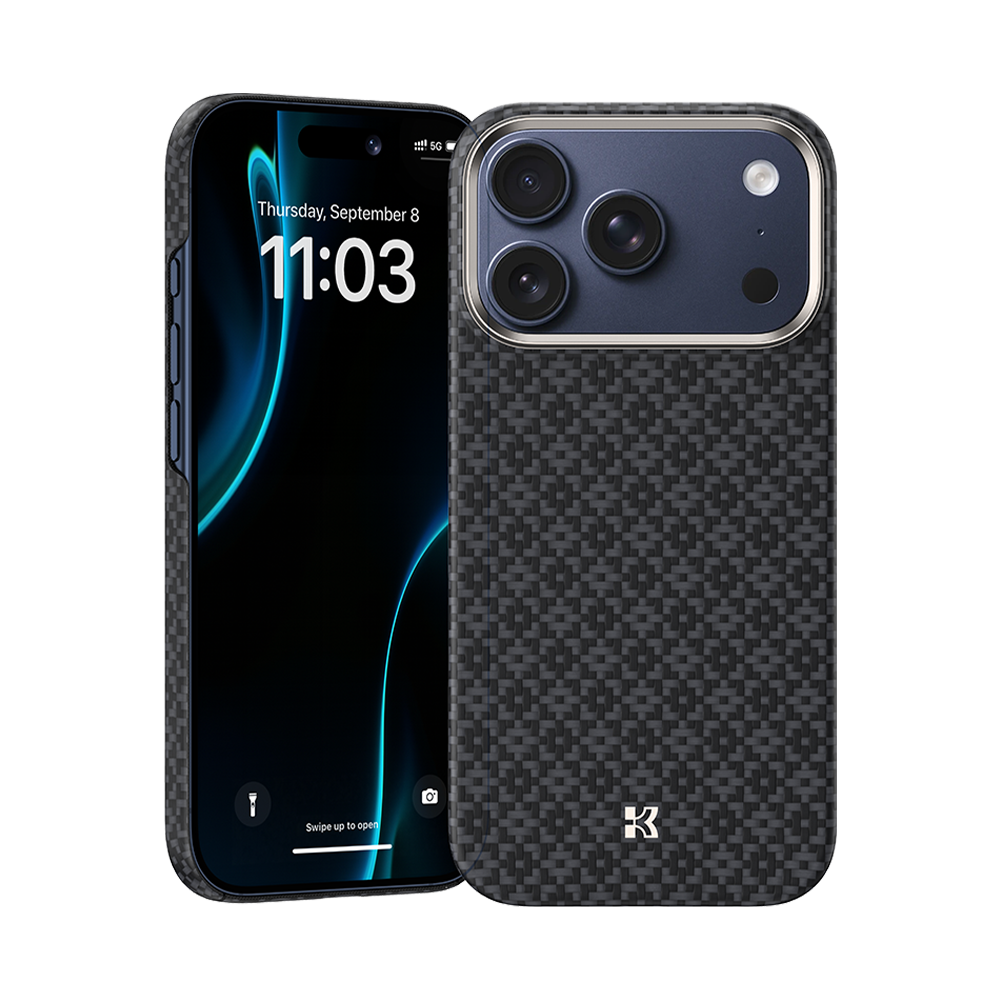 Front view of Kevlar® iPhone 17 Pro Max case with sleek design, featuring lightweight durability and precise cutouts.