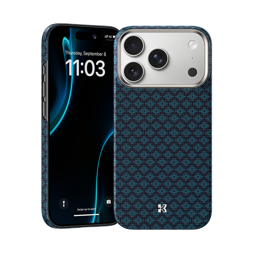 Front view of Kevlar® iPhone 17 Pro Max case with sleek design, featuring lightweight durability and precise cutouts.