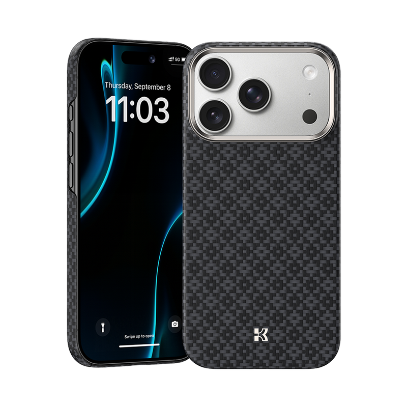 Front view of Kevlar® iPhone 17 Pro Max case with sleek design, featuring lightweight durability and precise cutouts.
