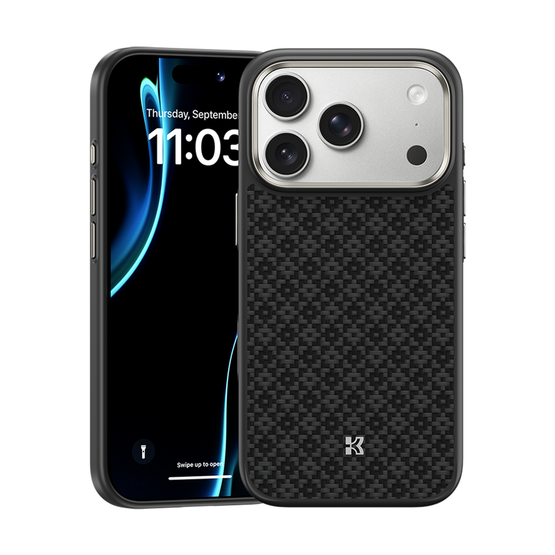 Benks iPhone 17 Pro Max Kevlar® Case, showing the front design with ergonomic features and impact-resistant properties.