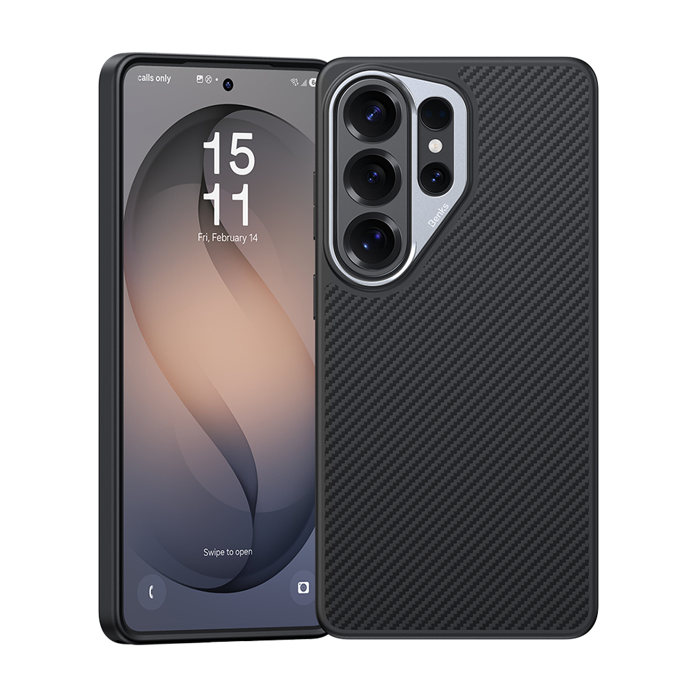 Samsung Galaxy S26 Ultra Kevlar® fiber case with MagSafe, featuring 600D Kevlar back, shock-absorbing TPU frame, and aluminum camera frame for lens protection