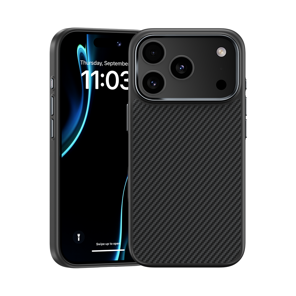 iPhone 17 case with aramid fiber texture, made with kevlar fiber and camera control button